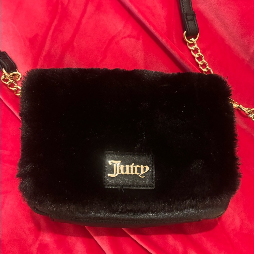 Juicy Couture Black Faux Fur Crossbody with Gold Chain